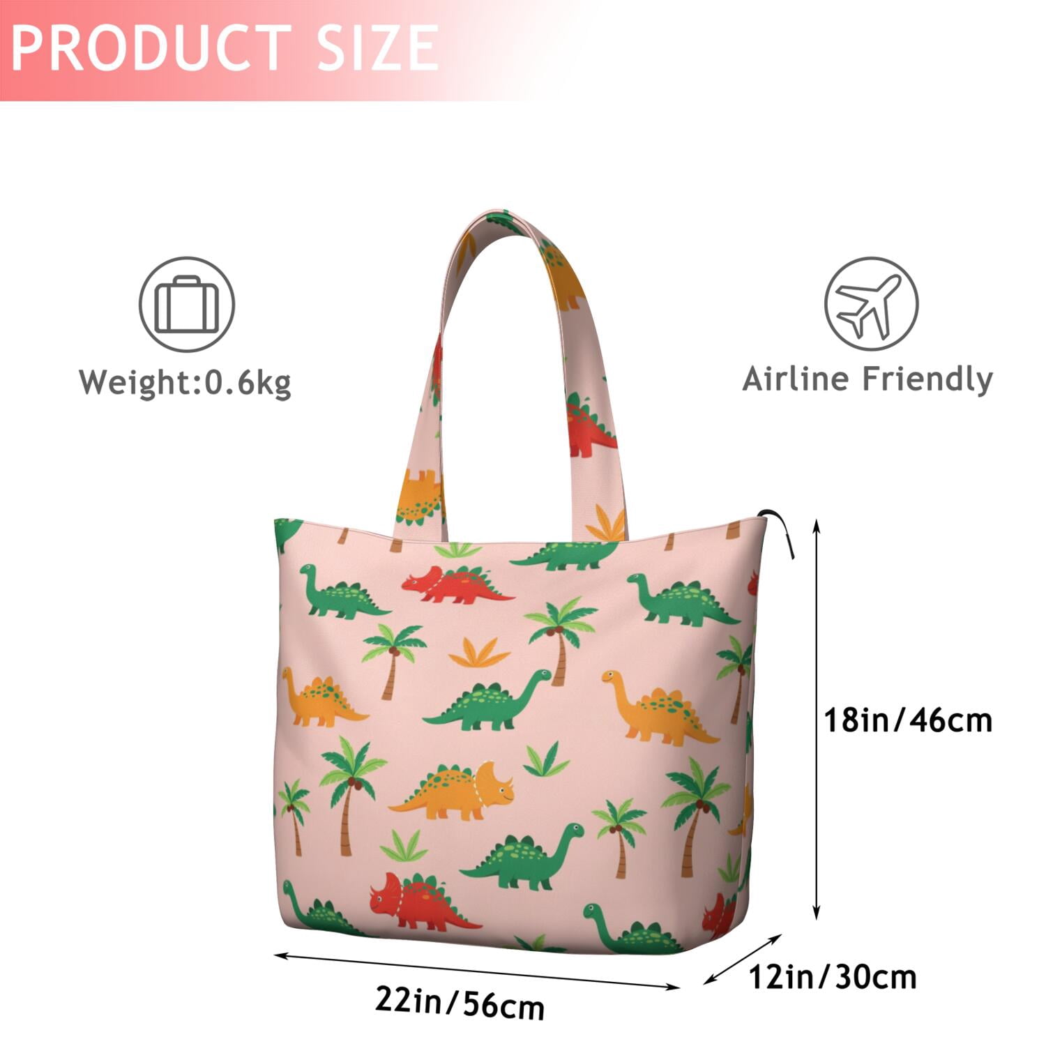 Pink Cartoon Dinosaurs Palms Pattern Travel Tote Bags for Women Carry On,Large Weekender Bags for Women Travel,Multi Functional Duffle Bag for Work,Shopping,Sports