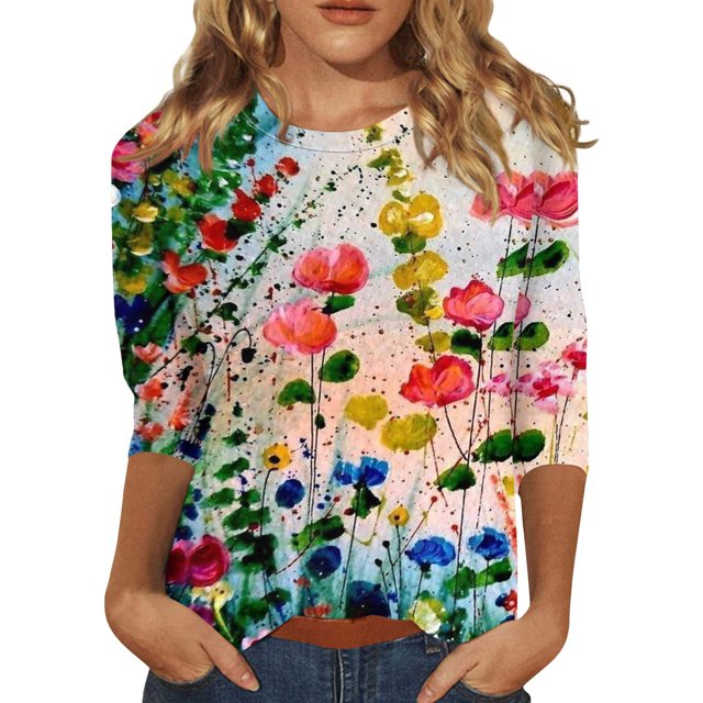 moda de las mujeres casual cuello redondo manga 3/4 suelta impresa camiseta señoras top verde/xl