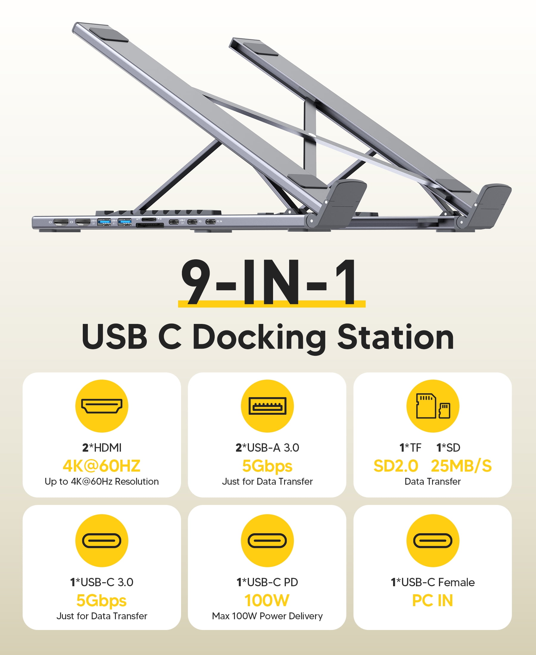 USB C Laptop Docking Station Stand with double 4K HDMI,9 Ports | Powered USB C Hub | Adjustable Laptop Stand for 10-17" Laptops | Lightweight & Portable Design | Ideal for Tablets, Laptops Stand