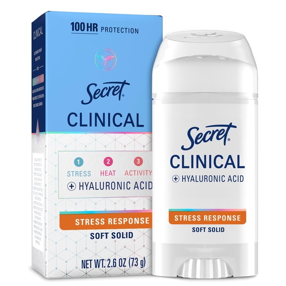 Secret Clinical Antiperspirant Deodorant for Women, 100HR Sweat & Odor Protection, Hyaluronic Acid, Soft Solid, Stress Response, 2.6 oz