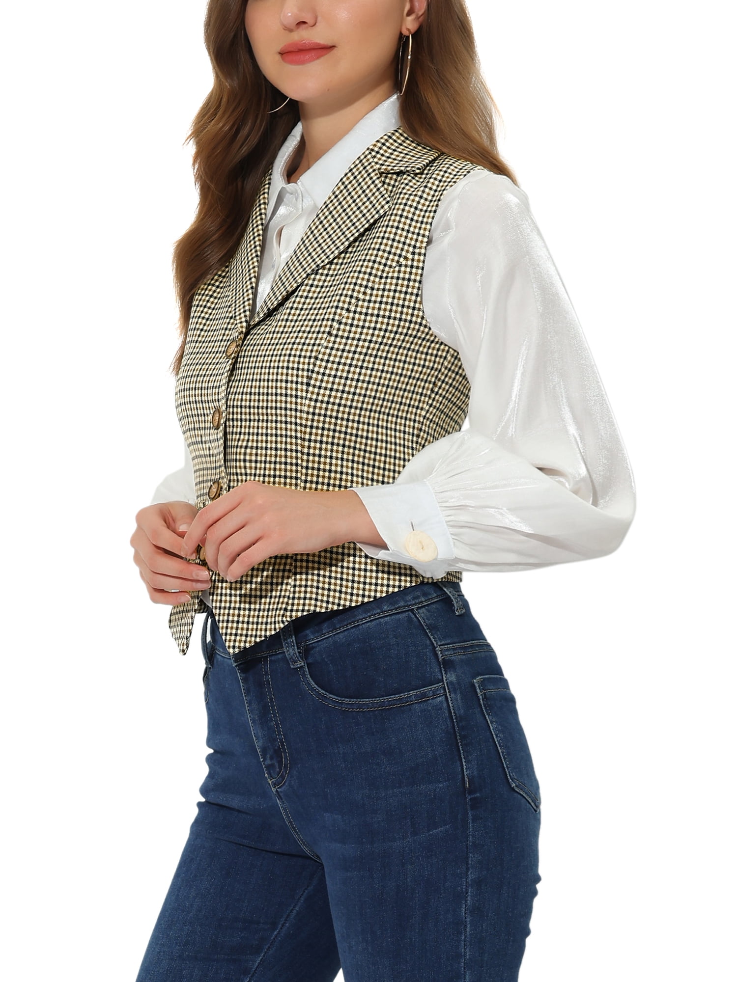 DARING DIVA Women's Plaid Waistcoat Notched Lapel Collar Vintage Vest S Brown