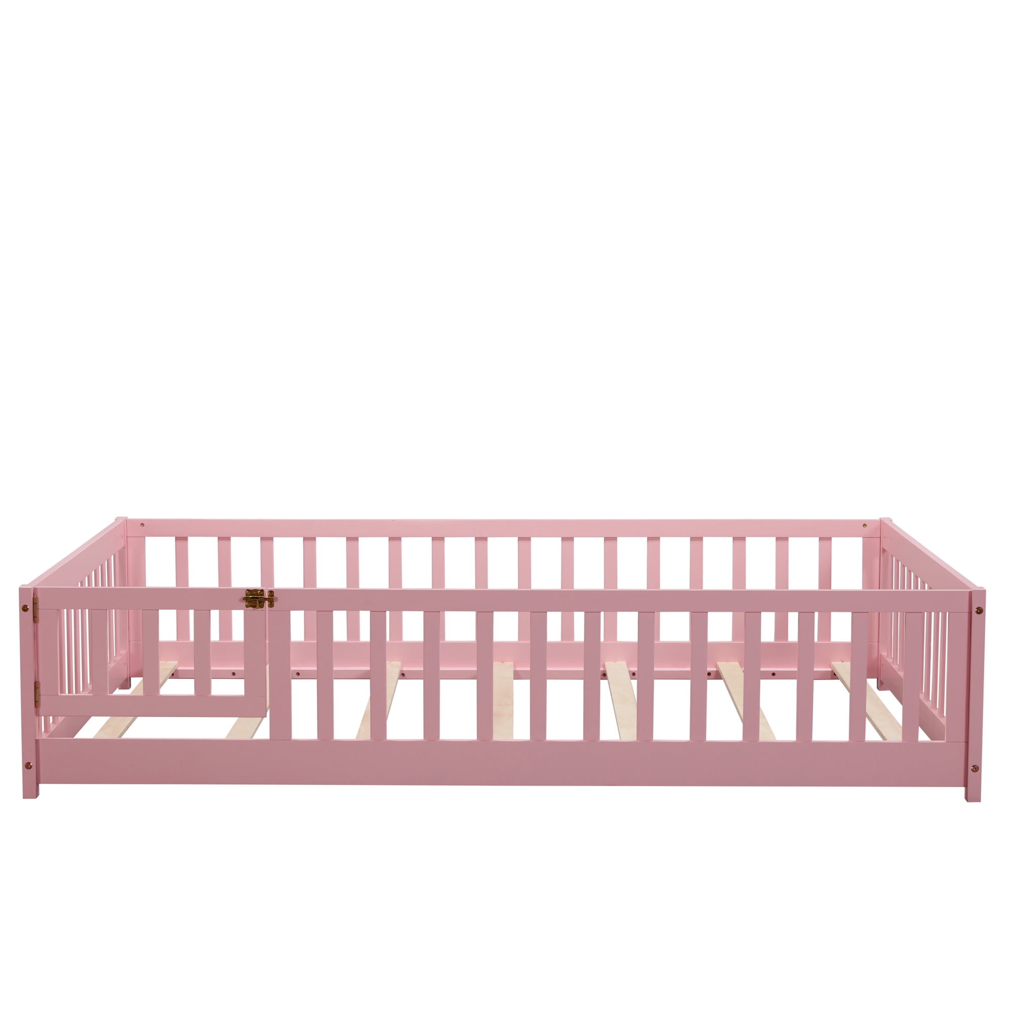 Miniyam Full Size Floor Bed for Kids, Montessori Bed with Slats, Safety Fence & Door, Pink