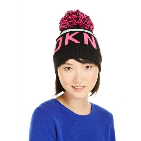 DKNY Pink and Black Womens Logo Stadium Beanie With Pom, One Size