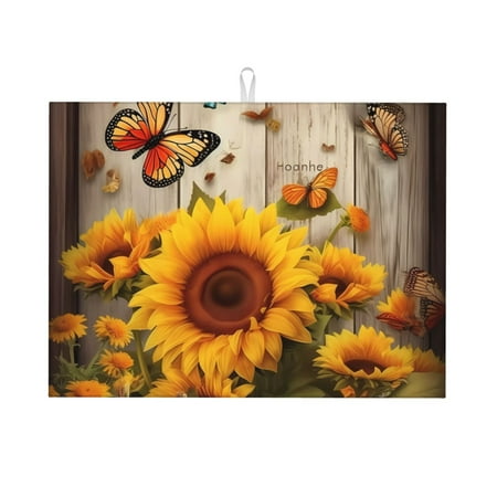 

Large Dish Drying Mats for Kitchen Counter - Yellow Sunflower Butterfly 18x24In Anti-Slip Absorbent Microfiber Drying Mat for Kitchen Counter Mat Dish Rack Mat with Hanging Loop