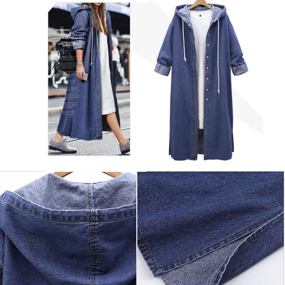 Women Hooded Casual Long Sleeve Denim Jacket Long Jean Coat Outwear Overcoat joybuy_Lighthian - image 4 of 5