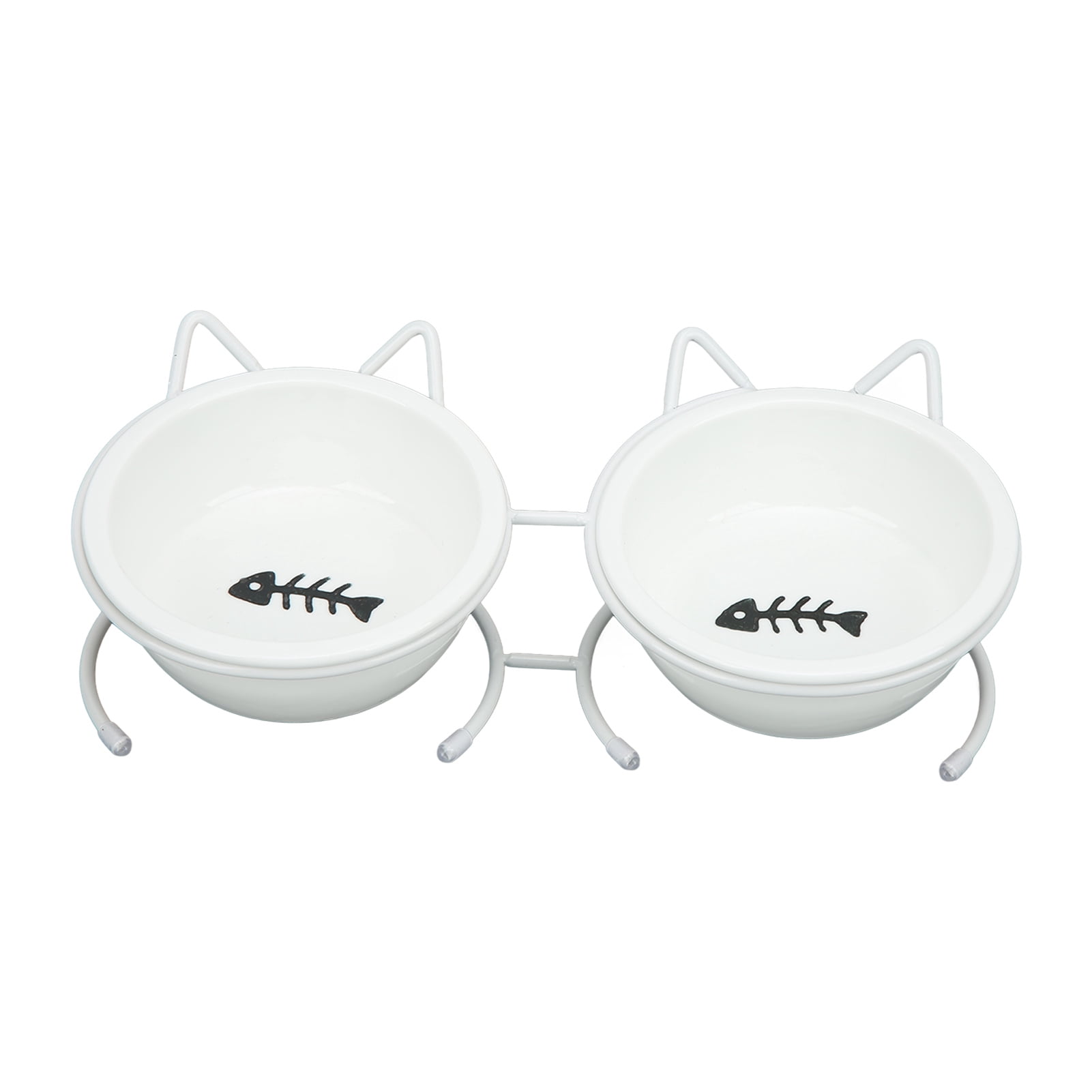 BIMZUC Pet Double Ceramic Bowl Set Raised Cat Bowls with Metal Stand Anti-Slip Cover for Food Water Dishwasher Safe Elevated Dog Feeder Neck Protection 10.2 inches / 26 cm Length