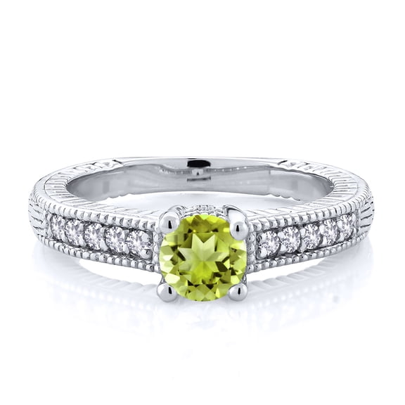 Gem Stone King 925 Sterling Silver Green Peridot and White Created Sapphire Women's Solitaire Ring with Accent Stones (0.70 Cttw, Round Shape 5MM, Size 7)