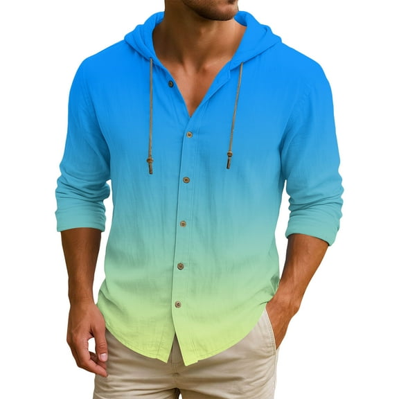Men's Hooded T-Shirt in Gradient Color, Made from Cotton and Linen, Casual Long-Sleeved Top for Unique Styles and Comfortable Wear,Blue,L