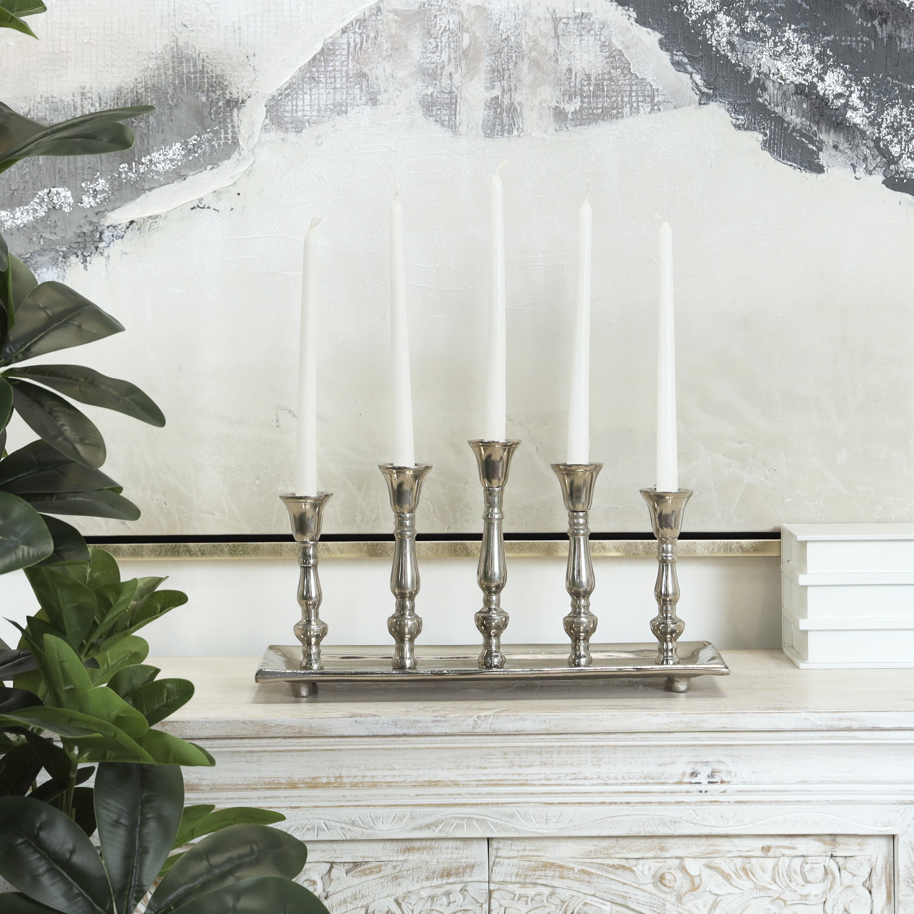 DecMode 5 Holder Silver Aluminum Candelabra with Candle Plate