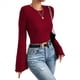 thumbnail image 1 of Camiseta de Larga Acampanada de Punto Acanalado para Mujer, Cuello Redondo, Corte Entallado, Ribete en Forma de Lechuga. Rojo Vino M, 1 of 9