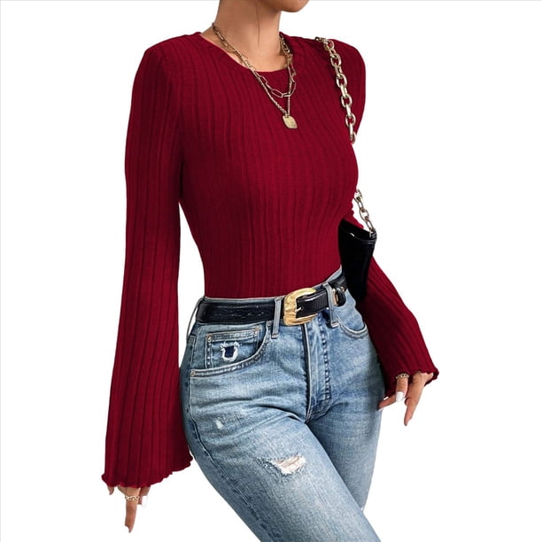 Camiseta de Larga Acampanada de Punto Acanalado para Mujer, Cuello Redondo, Corte Entallado, Ribete en Forma de Lechuga. Rojo Vino M