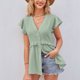 thumbnail image 2 of Blusa con cuello en V, volante y cierre de botones con estampado de lunares verdes - Camisa informal de verano para mujer, talla M, 2 of 6