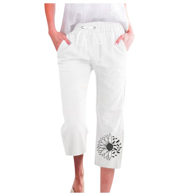 Womens Pants Spring Summer Lace Up Loose Slacks Solid Drawstring Capri Pants Pocket White Womens Trousers L
