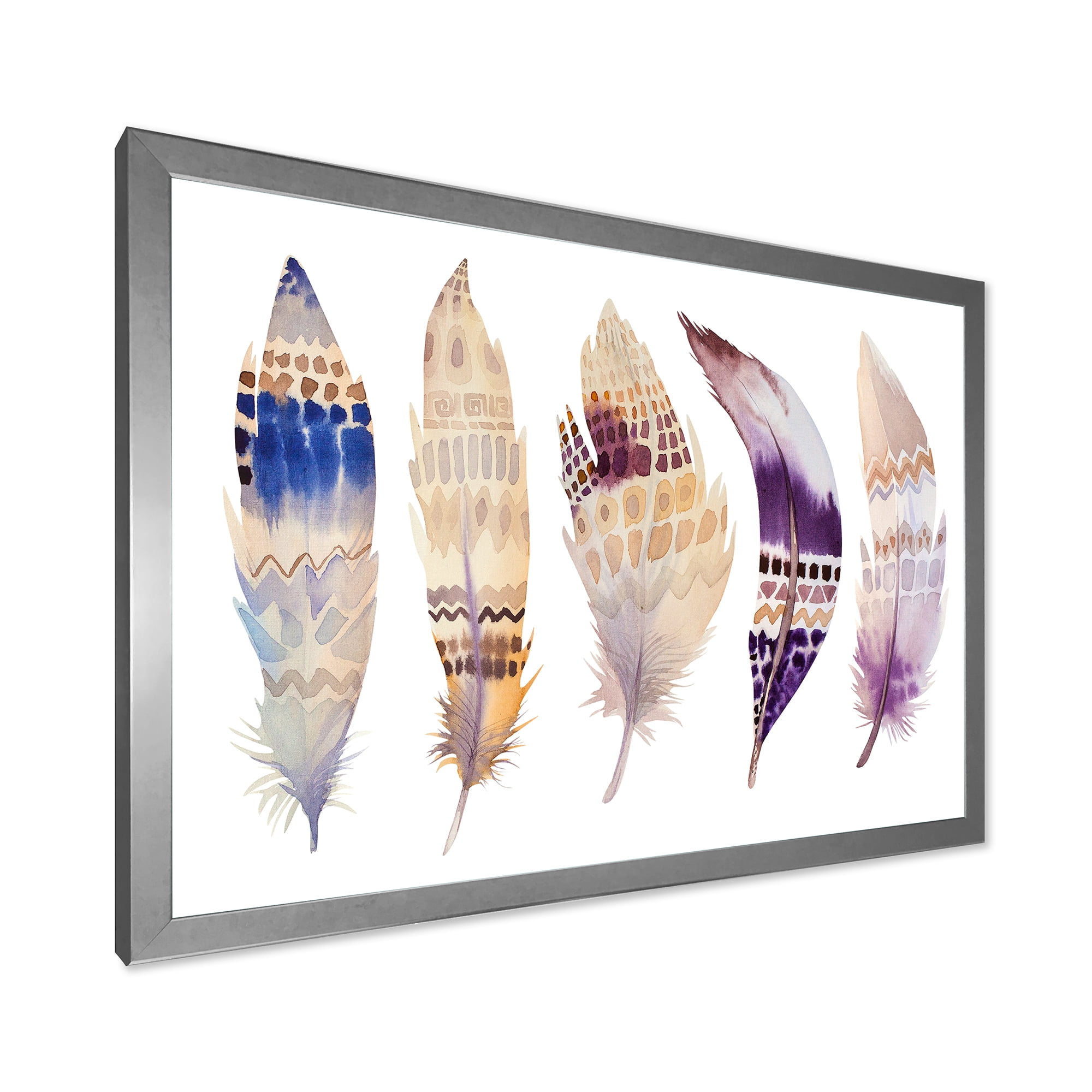 Designart 'Ethnic Purple Boho Art Feathers' Bohemian & Eclectic Framed Art Print