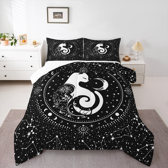 Homewish Abstract Cat Bedding Comforter Set,Boho Bohemain Style Twin Comforter Sets,Galaxy Starry Sky Bedding Set For Girls Boys,Ultra Soft Home Decor,2-Piece