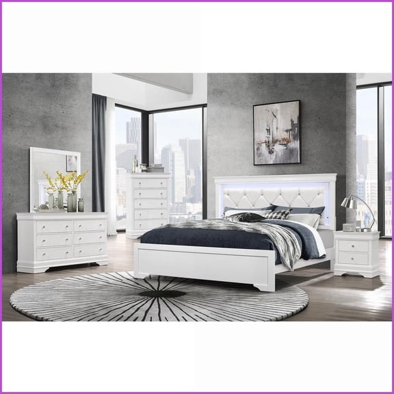 Bedroom Furniture Set Shaker White King 5PC with Crystal Tufted Headboard & LED Lighting | White | Solid Wood MDF