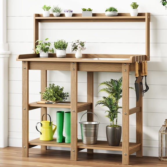 ROGALIS Potting Bench, Outdoor Wooden Potting Bench Table w/Removable Sink, 4 Side Hooks for Garden