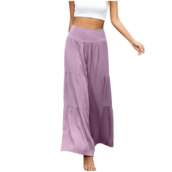 Fesfesfes Women Pant Fashion Casual High Waist Elastic Waist Solid Color Ruffle Wide Leg Long Pants