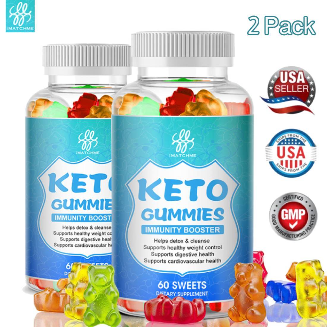 (2 Pack) iMATCHME Slimming Keto Gummies Ketone Fat Burner Bear Gummies