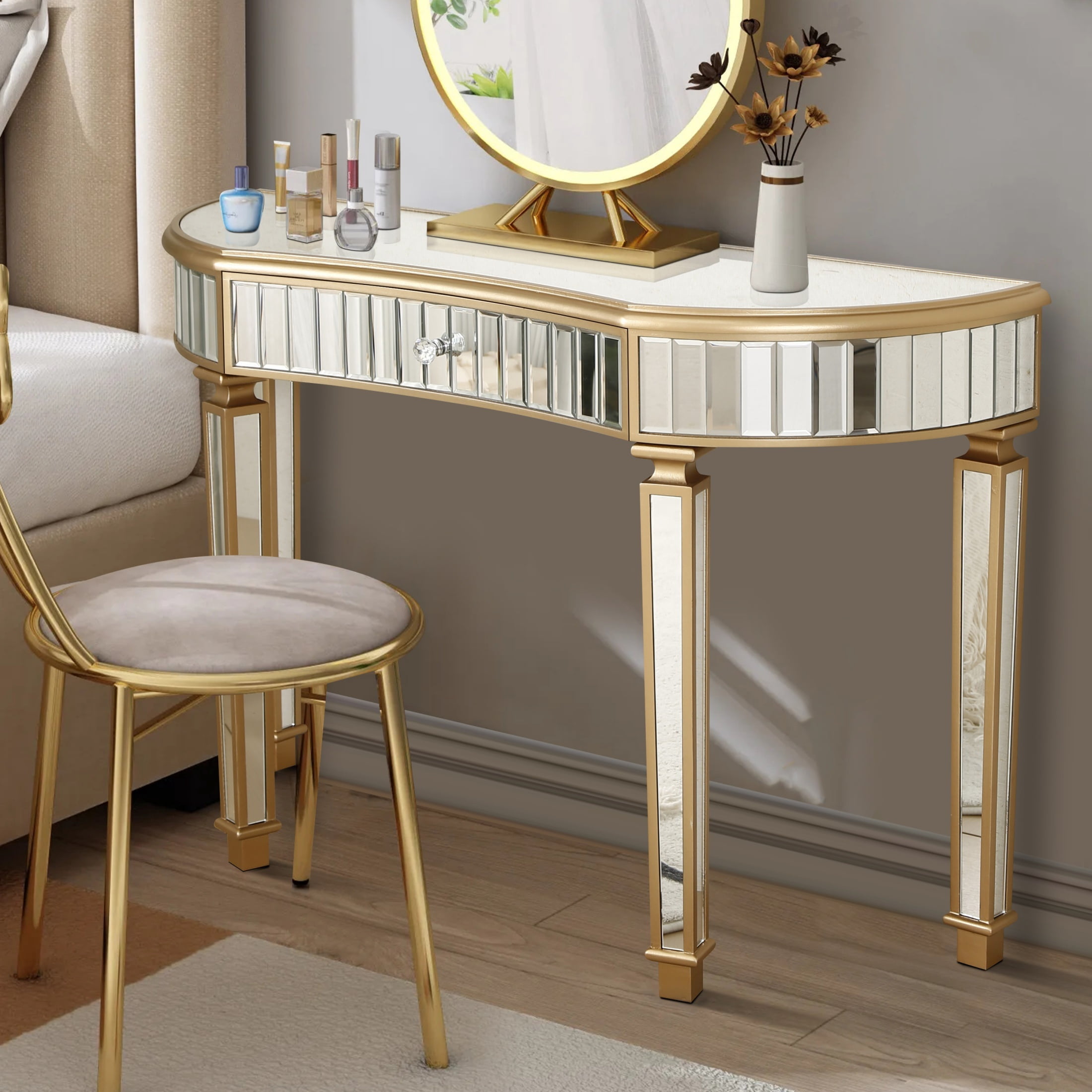 Curved Glass Console Table with Fluted & Crystal Knob Drawer, Mirrored Entryway Display Table, Multi-functional Vanity Desk