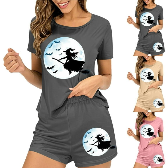 Feancey Lounge 2 Piece Sets for Women Halloween Pajama Shorts Set Vintage Witch Print Tshirts and Short Pants Two Piece Sleepwear Pink L