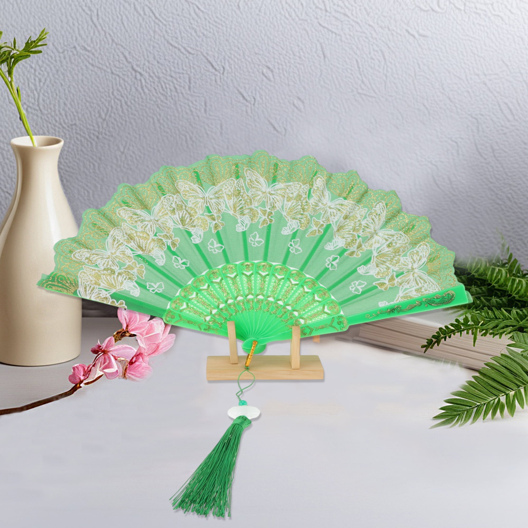 Unique Bargains Elegant Butterfly With Tassel Folding Fan 1PC Green