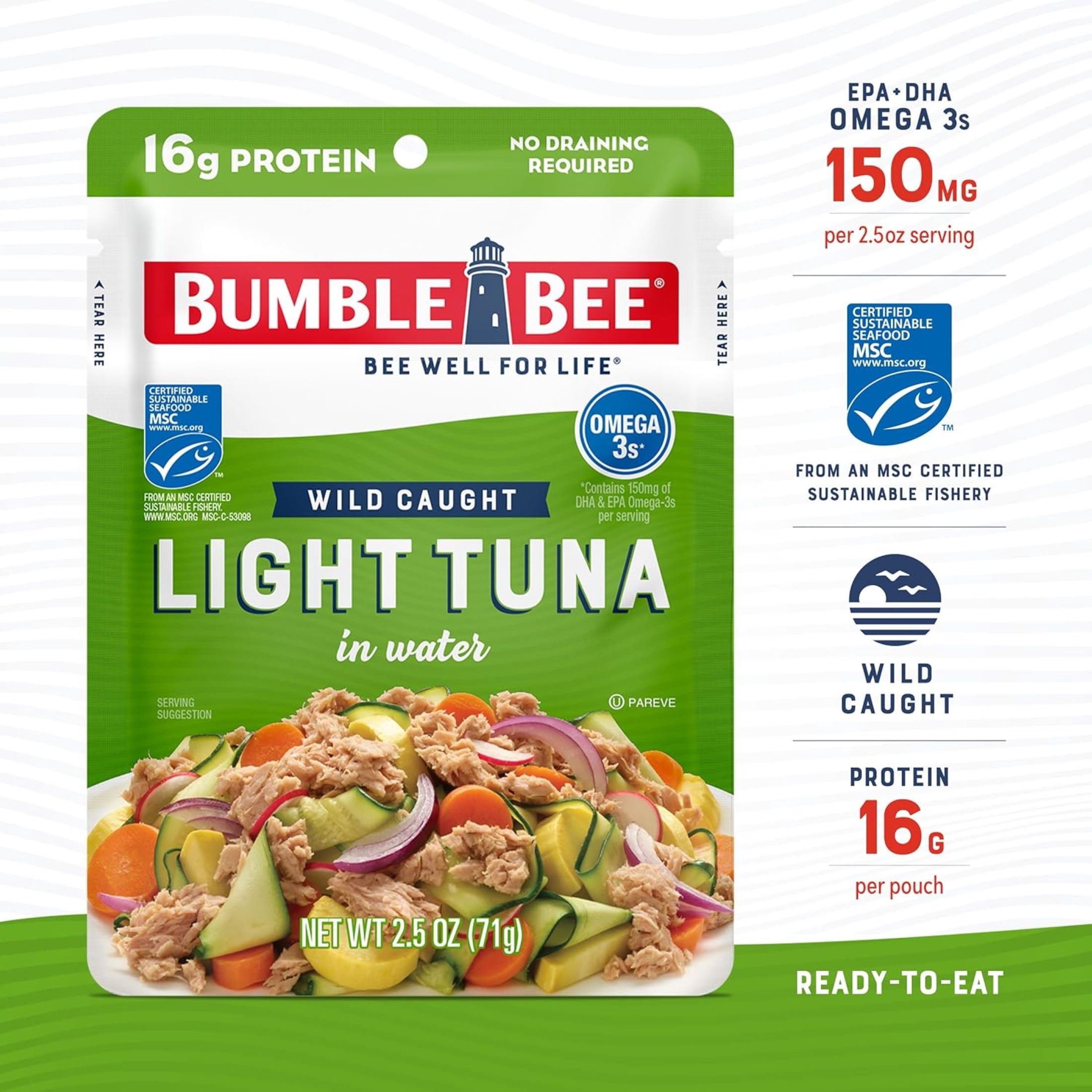 (6 pack) Bumble Bee Light Tuna in Water, Wild Caught, Gluten Free, 16g Protein per Serving, Ready to Eat, Shelf Stable Pouch, 2.5 oz