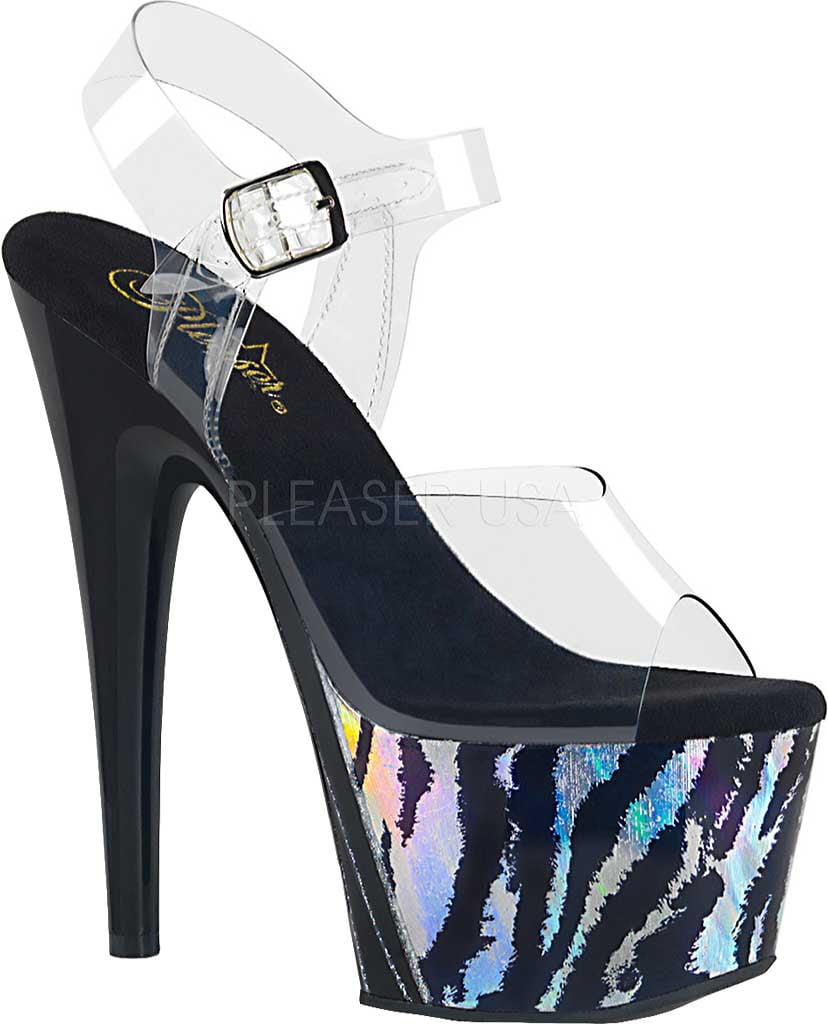 7 Heel 2 3/4 PF Ankle Strap Sandal SLV Cracker Hologram TPU/Clr 7 Pleaser