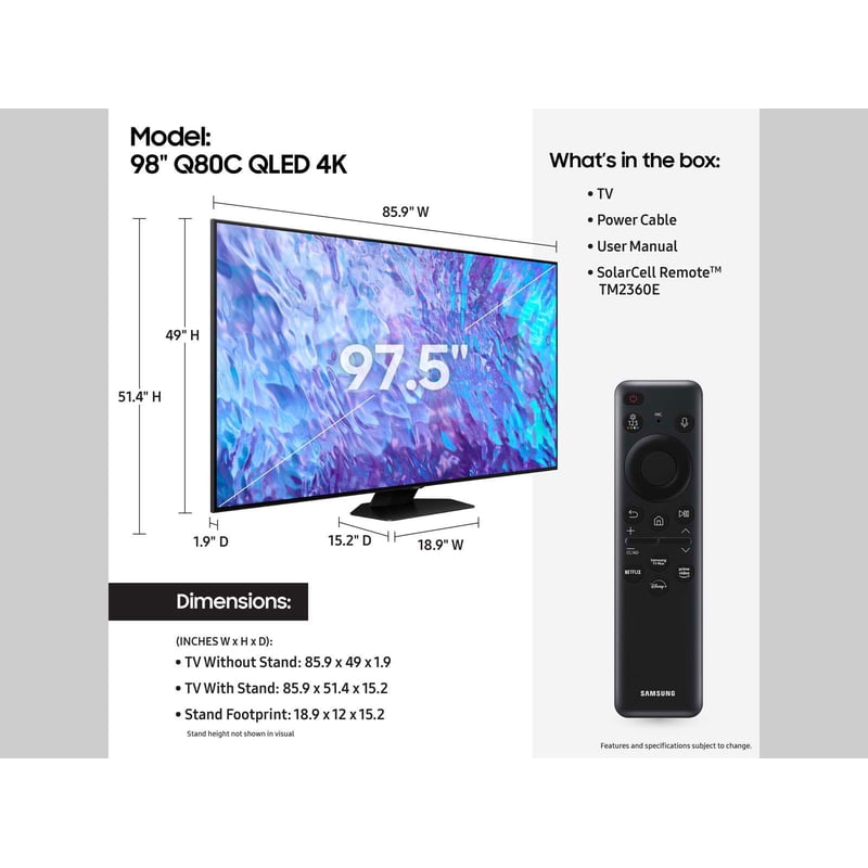 SAMSUNG 98" Class Q80C QLED 4K Smart TV QN98Q80CAFXZA display and camera view