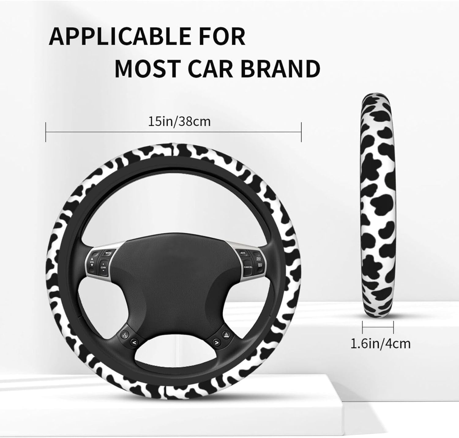 Cow Print Steering Wheel Cover - Cattle Print Steering Wheel Cover Anti-Slip Breathable Universal for with 2 Pieces Car Coasters Suitable for Men Women