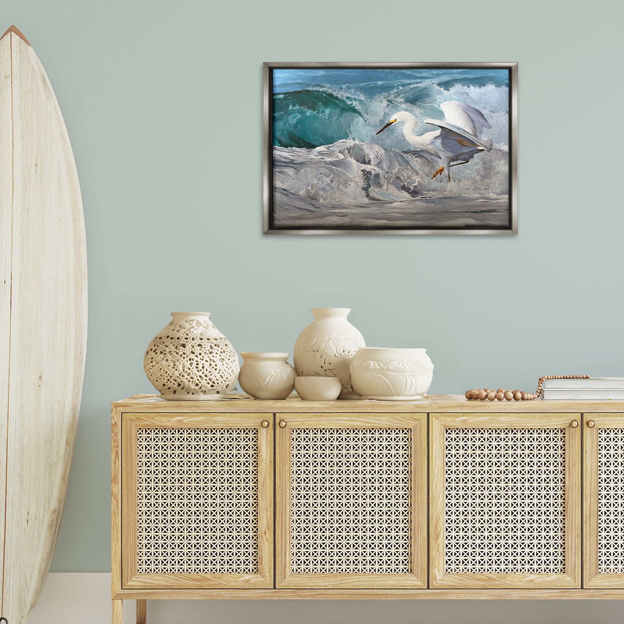 Stupell Industries Wave Dancer Heron Nautical & Beach Painting Gray Floater Framed Canvas Art Print Wall Art, 31 x 21
