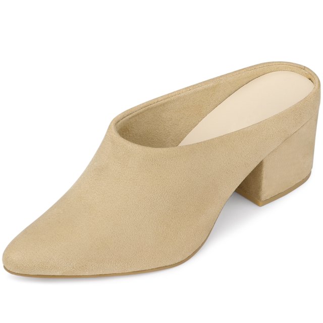 BLISSFUL STEP Women's Chunky Heels Pointed Toe Slip on Slide Mules Beige US 5.5