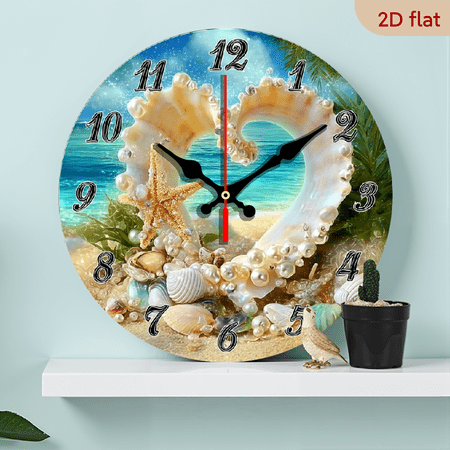 Silent Non-Ticking Wall Clock - Tropical Beach Decor with Seashells, Ocean Waves in Turquoise Sands - Wooden Clock for Living Room, Bedroom, Kitchen, Bathroom - Battery-Powered