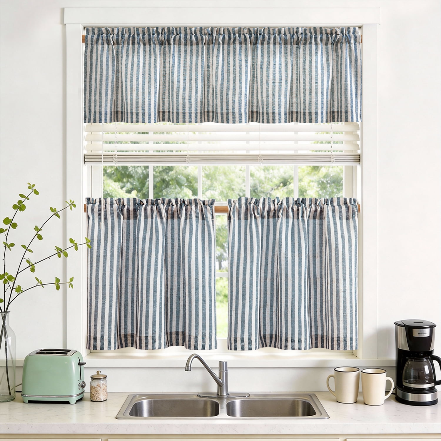 TOPICK Striped Kitchen Curtains and Valance Set 24 Inch Small Linen Curtains for Cafe Living Room Bathroom Farmhouse 3 Pieces Set Rod Pocket Blue