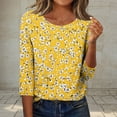 thumbnail image 2 of CYMMPU Tunic Tops 3/4 Sleeve Blouses for Women Dressy Casual Flower Printed Crew Neck Summer Fashion Shirts Loose Fit Spring Tops Lightweight Basic T-Shirts Yellow M, 2 of 7
