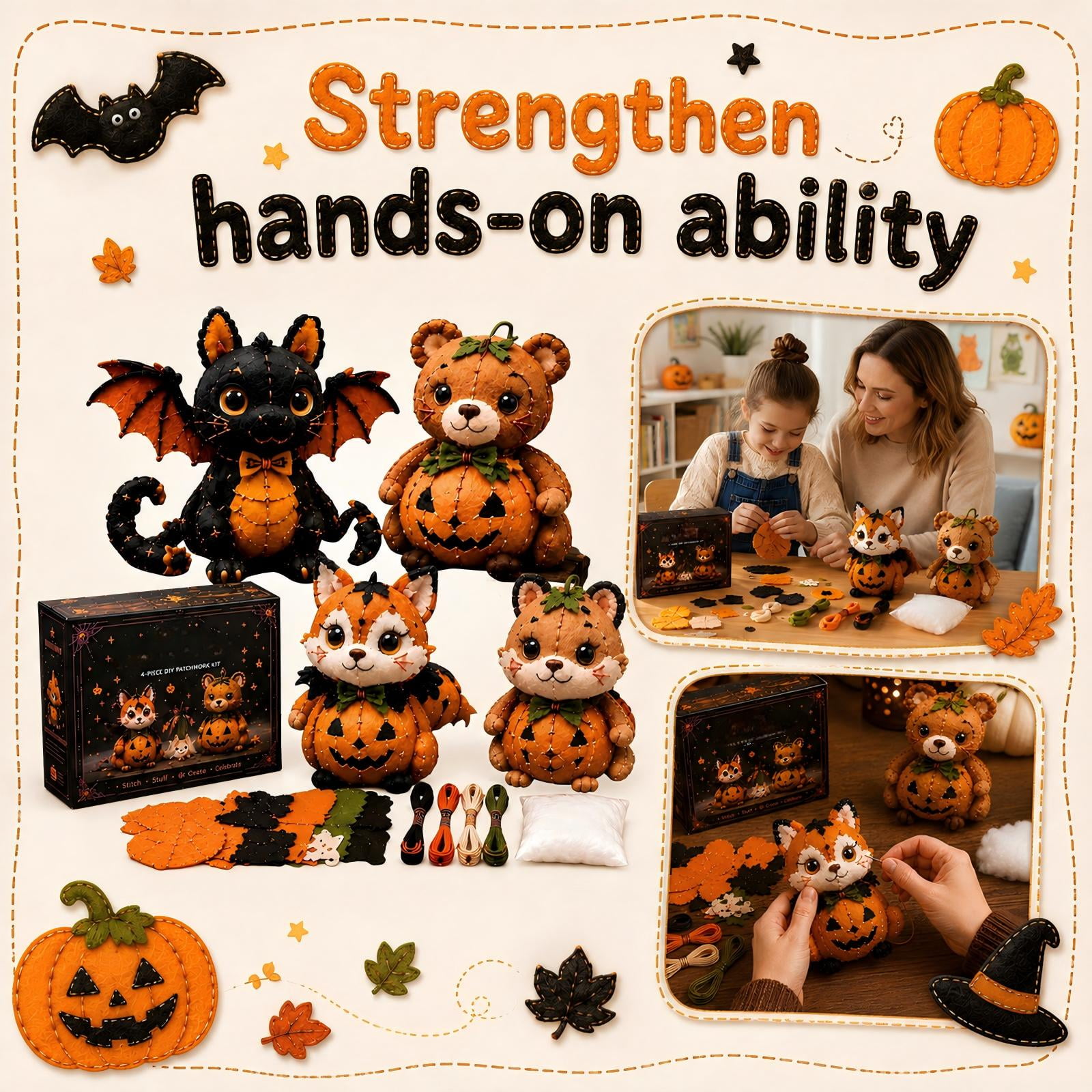 Halloween DIY Patchwork Animal Craft Kit for Kids Mesh Fabric Bat Tiger Sewing Set with Beads Scissors Storage Box Spooky Cute Party Favors Indoor Creative Activity Gift Age 6+