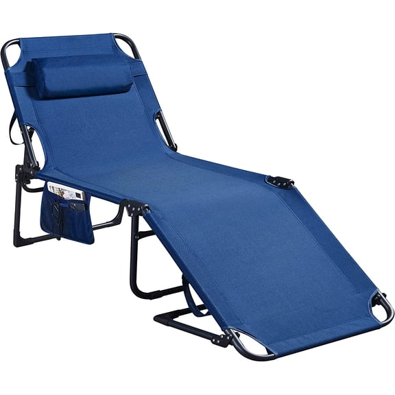 ZXNYH Folding Lounge Chair for Outside, Chaise Lounge for Outdoor, Tanning Chair with 4-Position Backrest, Sun Lounger Chair with Detachable Pillow, Fabric Bag, for Pool, Garden - Deep Blue
