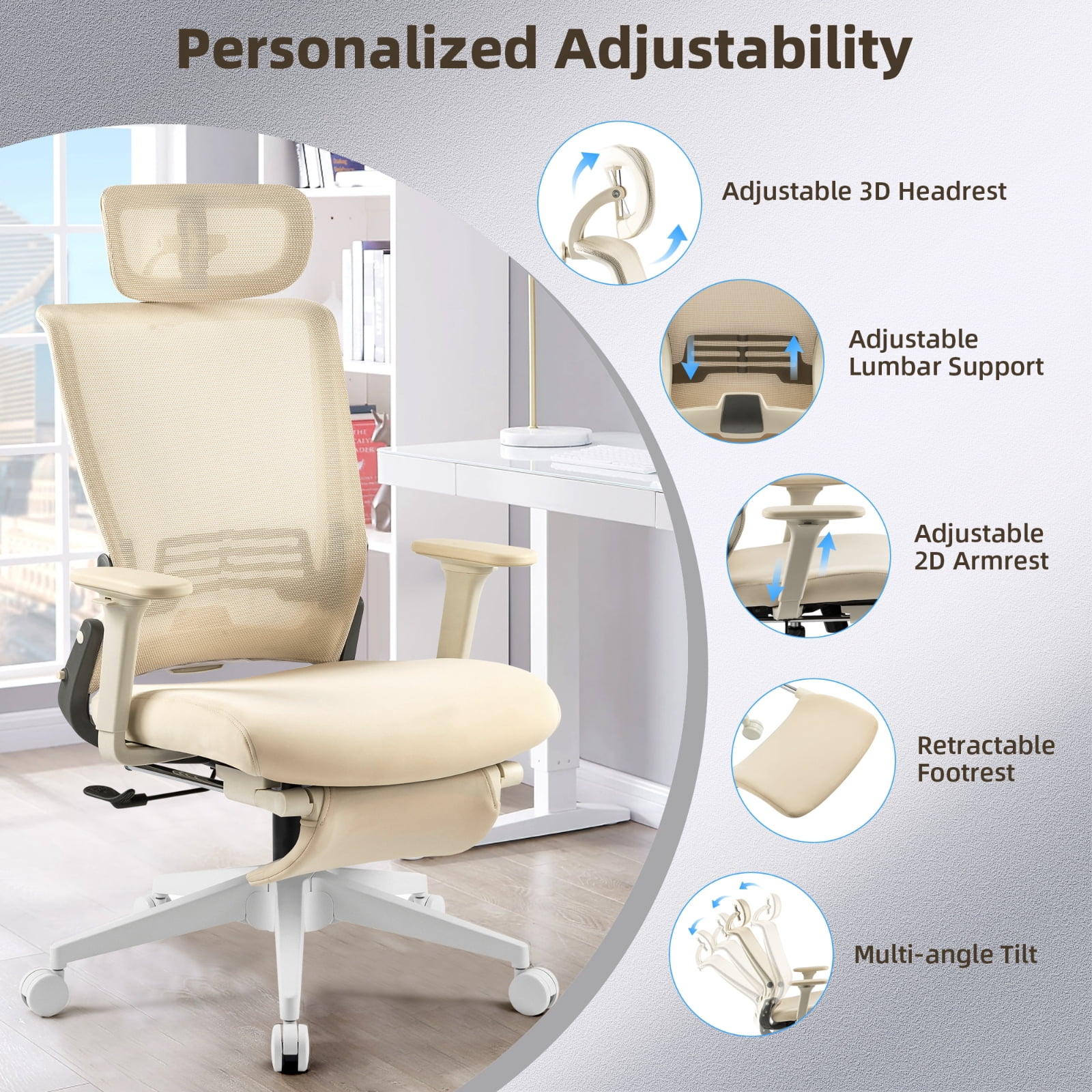 Hforesty Cream Foldable Office Chair with Footrest – Ergonomic Mesh Computer Chair, Lumbar Support, Swivel Tilt, 300lbs