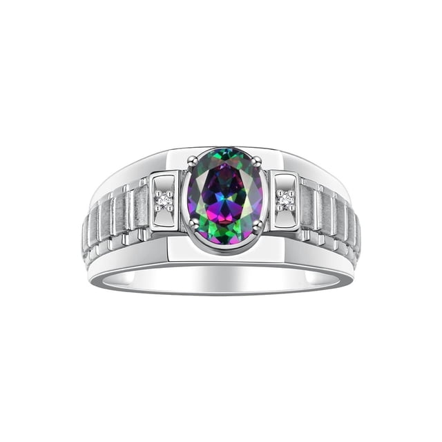 RYLOS Men's Rings 14K White Gold Ring Classic Designer Style 8X6MM Oval Gemstone & Diamond Ring Alexandrite Birthstone Rings For Men Size 8