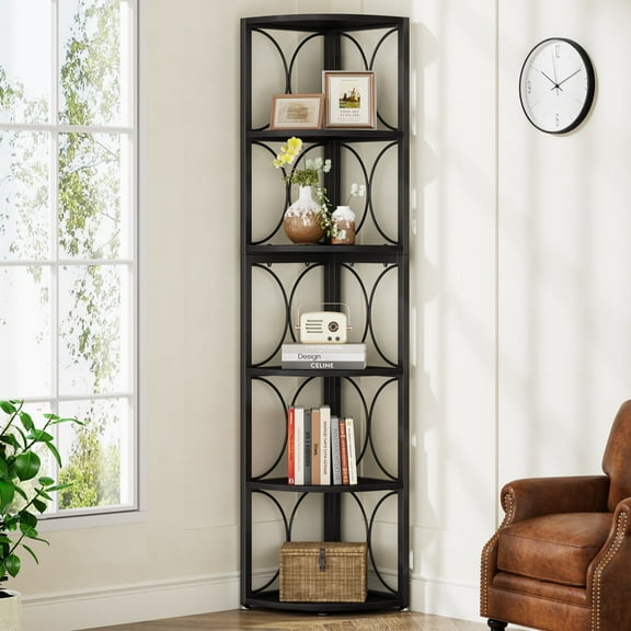 Tribesigns 6 Tier Tall Corner Bookcase, Industrial Wood Stand Shelf  for Living Room, Black