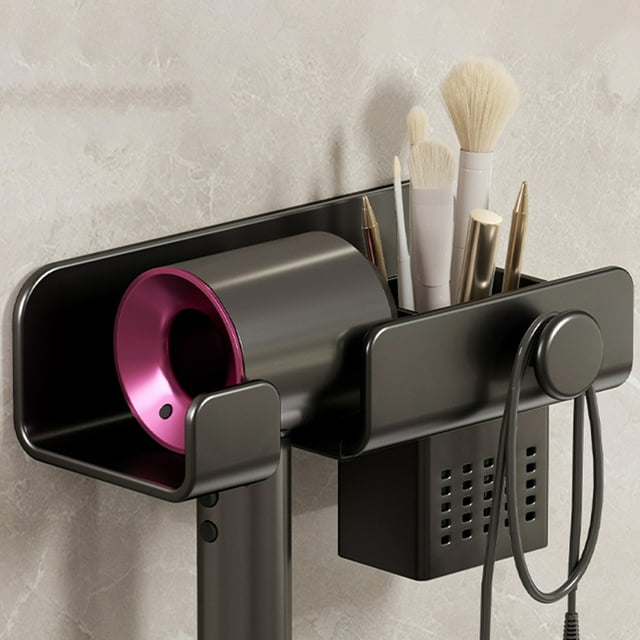 Punch Free Folding Bathroom Hair Dryer Storage Rack with Adhesive, Wall Mounted Waterproof Plastic Holder with Hooks, Strong Load Bearing Organizer for Hair Dryer Plug Jewelry Bracelets Bathroom
