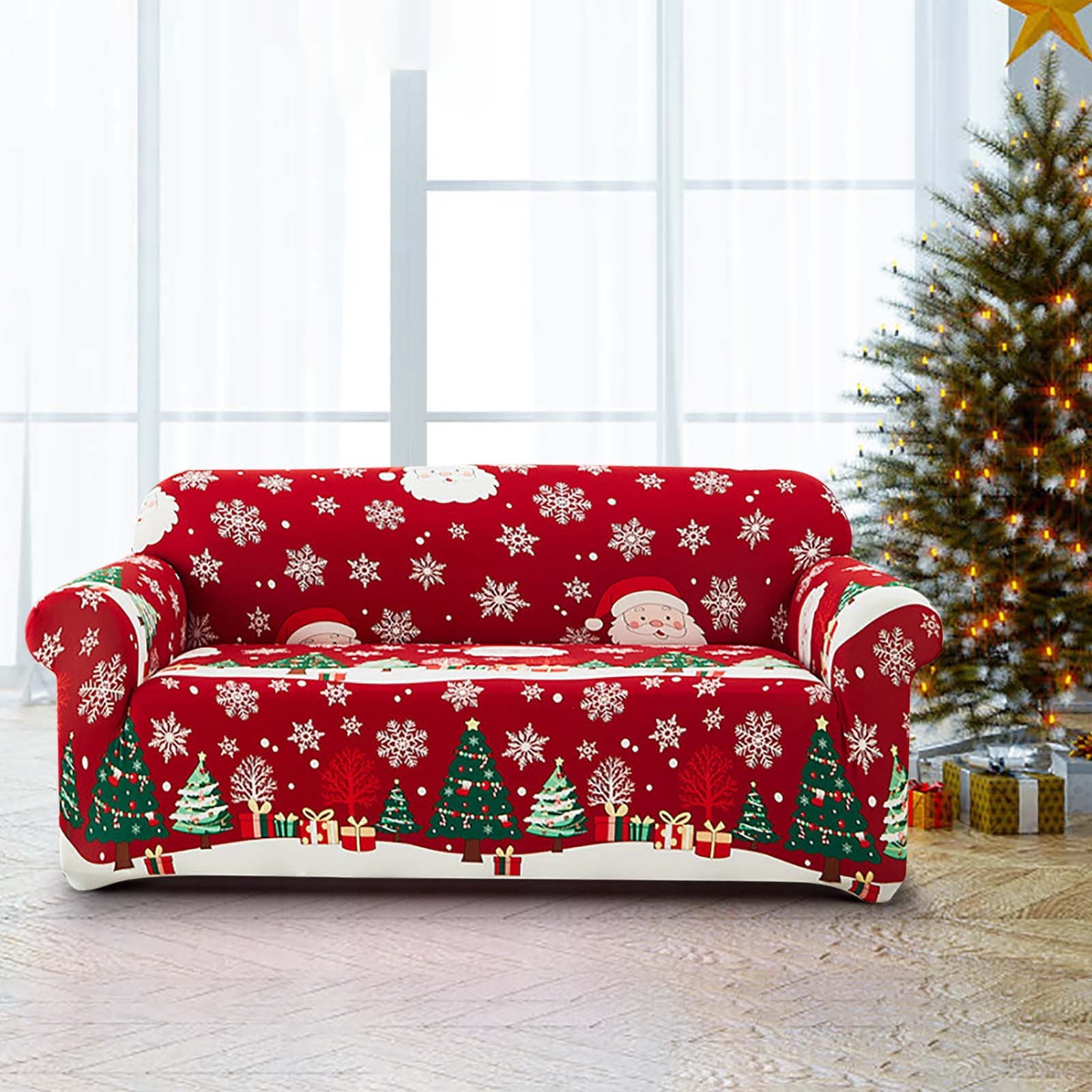 Loyerfyivos Christmas Sofa Cover Santa Claus Printed Sofa Couch Cover Washable Furniture Protector with Elastic Bottom Xmas Home Room Festival Decoration (3 Seater)