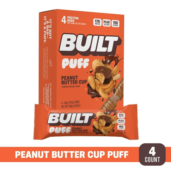 BUILT Puff Protein Bar, Peanut Butter Cup, 15g Protein, Collagen, 150 Calories, 4 Count Box, 1.55 oz Bars