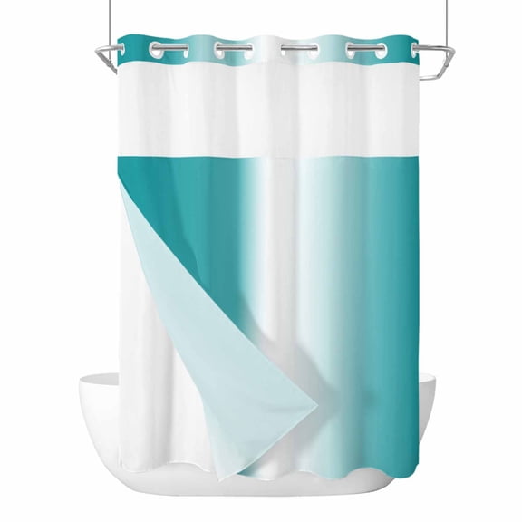 No Hook Shower Curtain, Teal Ombre Stall Bathroom Curtains with Snap in Liner, Turquoise White Gradient Modern Abstract Art Waterproof Washable Fabric Shower Curtain Set, 48"W x 72"L