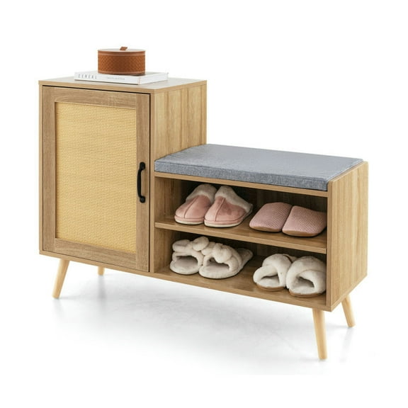 Resenkos Shoe Cabinet, 2-in-1 Rattan Shoe Cabinet with Bench Shoe Storage Bench with Washable Cushion-Natural