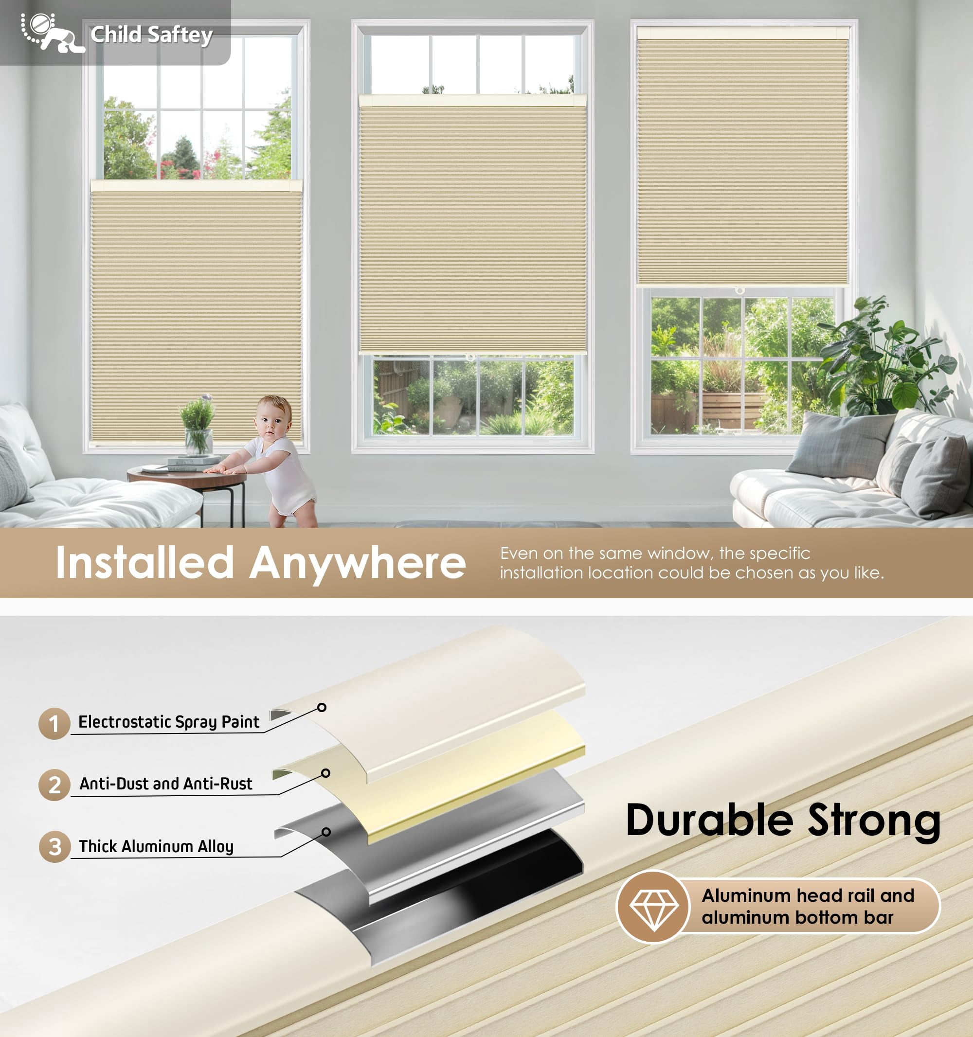No Tools Drill Cordless Cellular Shades  Blackout Light Blocking Honeycomb For Home Thermal Insulation Blinds Windows 21" W X 48" H Beige