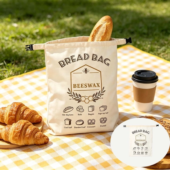 Extra Large Beeswax Bread Bags with Zip Closure Reusable Linen Bread Storage Bag, Natural Beeswax Lining, 33 x 43 cm for Sourdough Loaves