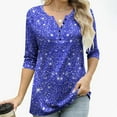 thumbnail image 5 of Women's 3/4 Sleeve T-Shirts Shiny Glitter Printed Graphic Tee Shirt with Buttons V Neck Dressy Casual Party Tops (XL, Navy B), 5 of 6