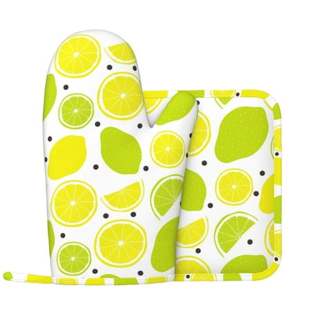 

Oven Mitts and Pot Holders Sets yellow green Lemon Non-Slip Silicone Oven Gloves Potholders Cotton Lining Heat Resistant Gloves Hot Pads for Kitchen Cooking Baking