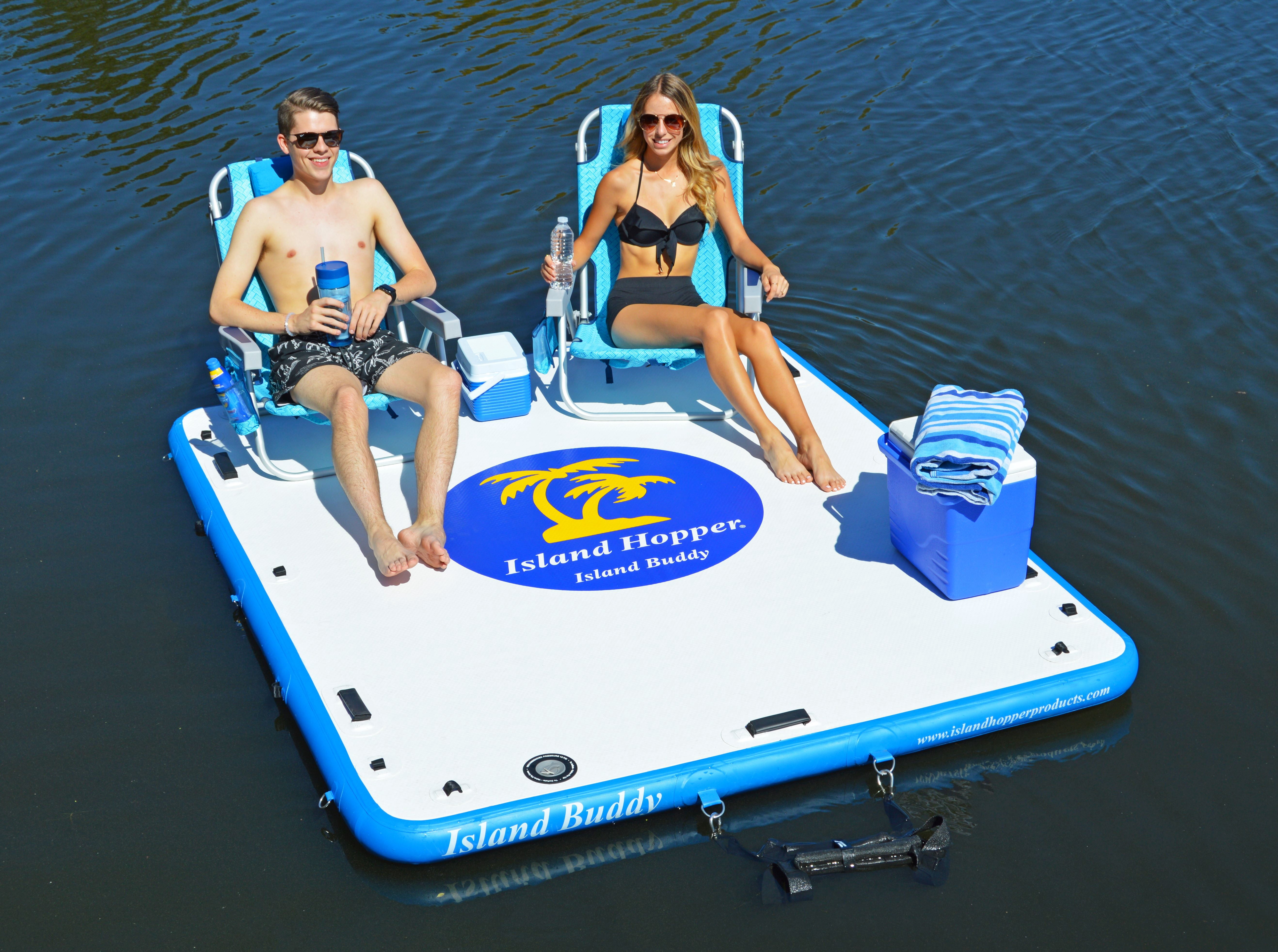 Island Buddy 8 Inflatable Water Platform and Dock Heavy Duty Buoyant Floating Deck with Dual Action Pump